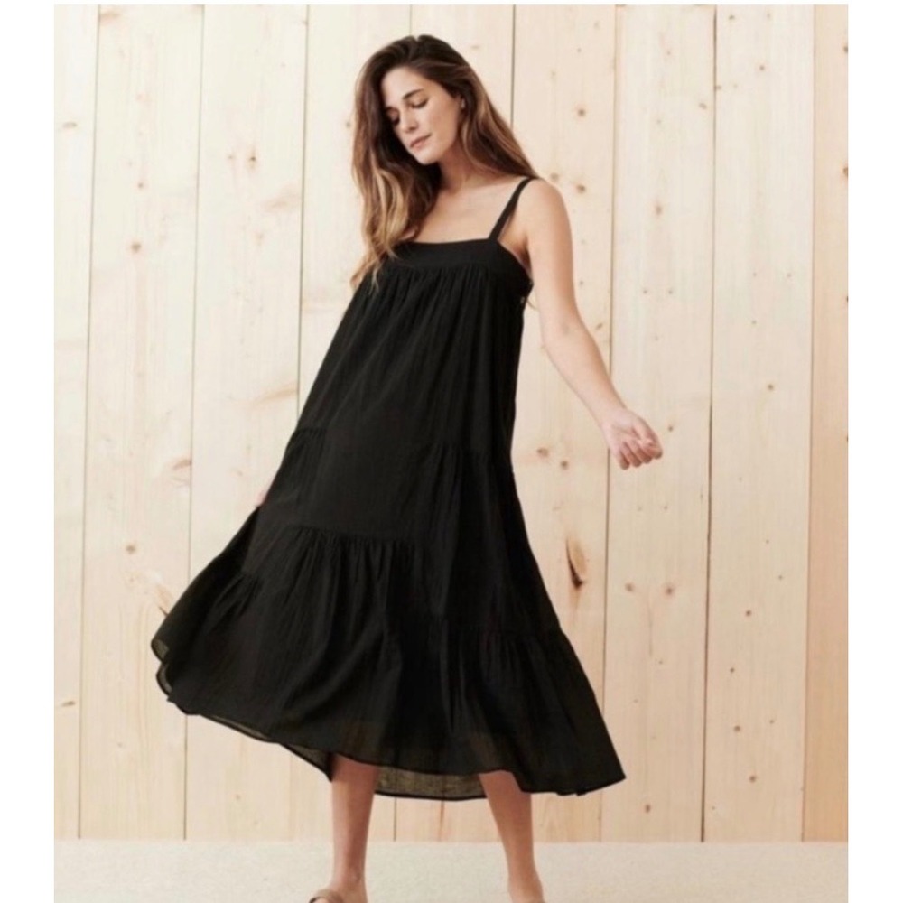 Jenni Kayne Black Cotton Linen Tiered Midi Dress Summer Square Neck XS